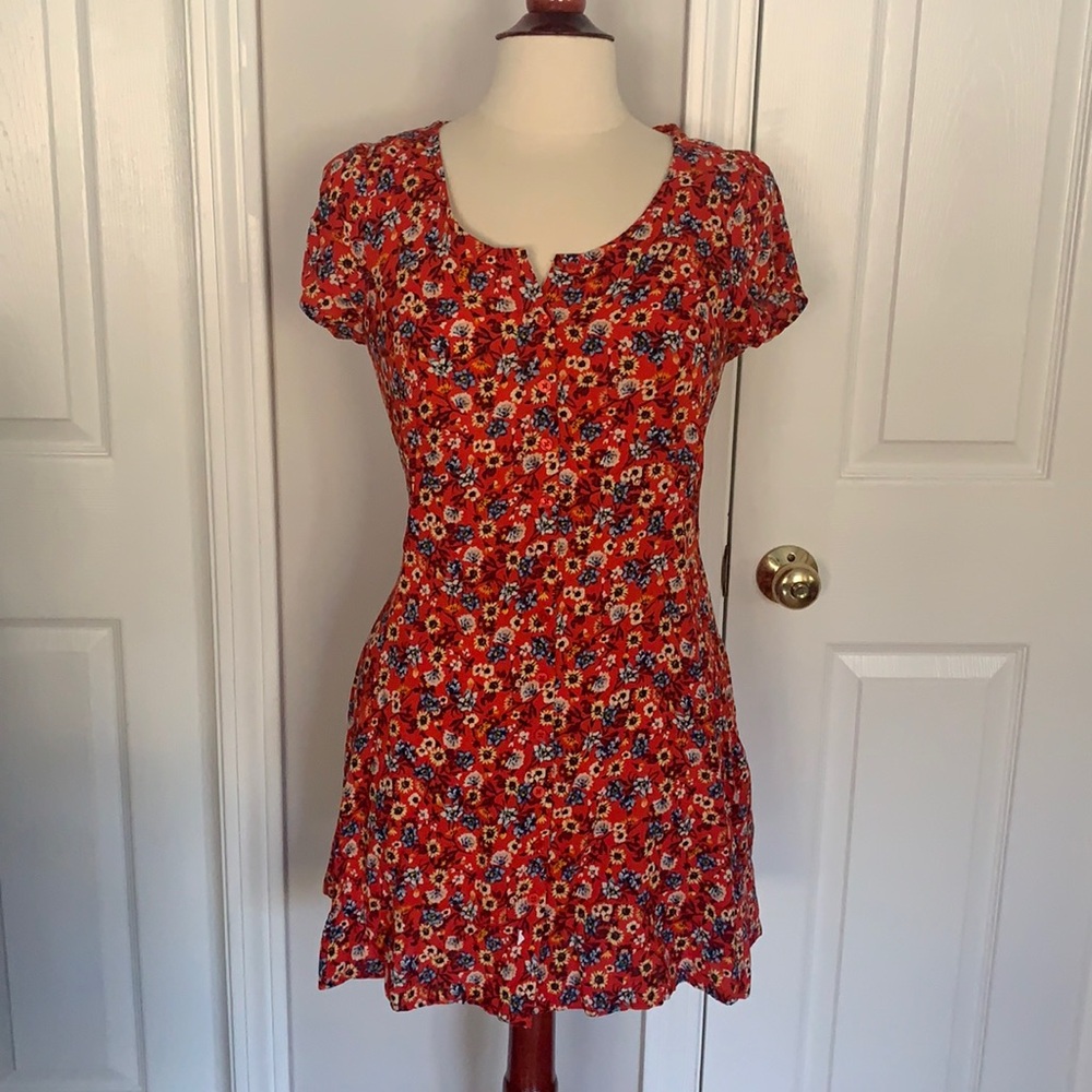 Floral, button down mini dress with tie back